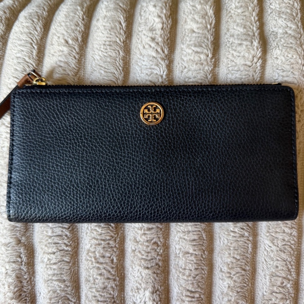 Tory Burch Black Pebbled Leather Slim Bi-Fold Wallet Gold Logo Medallion Striped